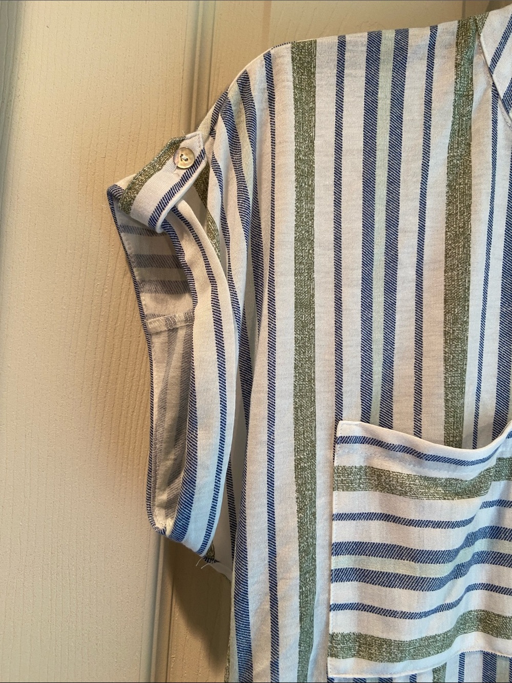 Striped Short-Sleeve Button Front Blouse in Light Blue & Olive - Picture 4 of 10